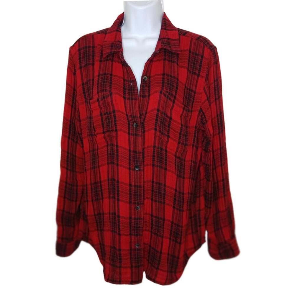 Madewell Women's Sz L Red Plaid Button Front Top Blouse (1876)